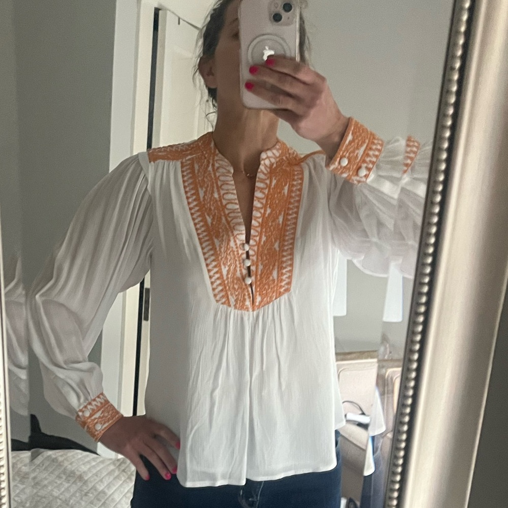 Hale Bob White Blouse with Orange Embroidery